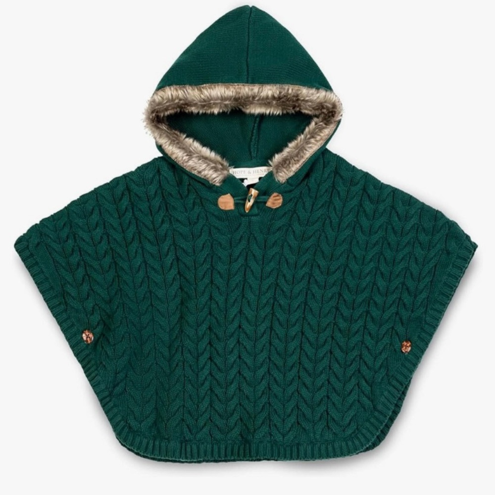 Green Hooded Knit Poncho with Faux Fur Trim